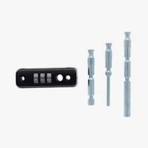 Black 3-digit combination lock mechanism with three silver metal pins of different lengths