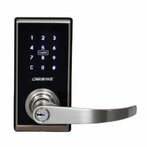 Carbine digital door lock featuring a backlit keypad, card reader, and lever handle with key override